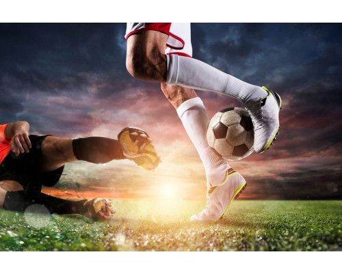 Fototapete einer Finte beim Fußballspiel, bei der der Spieler dem Gegner mit magischer Präzision ausweicht.