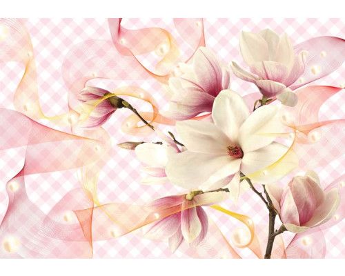 Magnolienblüten auf luxuriösem Vlies, dargestellt auf einem rosa Hintergrund in einer eleganten Fototapete.