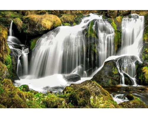 Fototapete eines majestätischen Wasserfalls, der durch einen Wald und Berge fließt, umgeben von einer üppigen Naturlandschaft.
