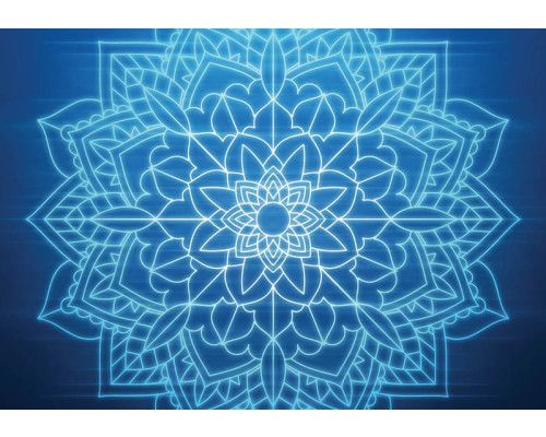 Blaues symmetrisches Muster eines Mandalas im abstrakten Kunststil auf Fototapete.