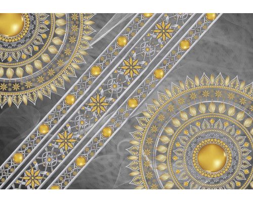 Fototapete eines grauen Mandalas mit goldenen Details, ideal für einen eleganten und beruhigenden Raum.