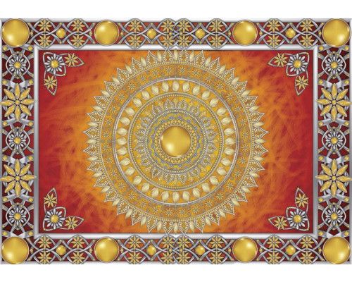 Fototapete eines goldenen Mandalas mit einem tibetischen Muster, Symbole der buddhistischen Kunst.