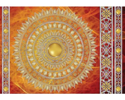 Rotes und goldenes Mandala-Muster in einer Fototapete, die indische Dekoration und Kunst zusammenbringt.