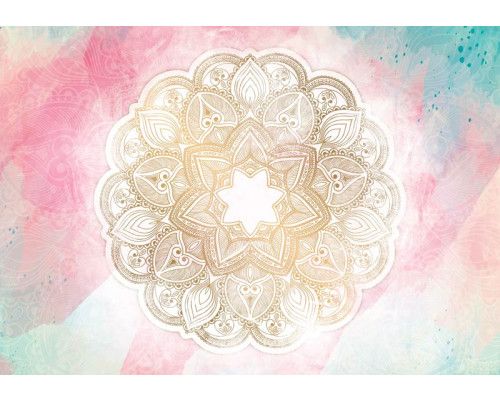 Fototapete eines pastellfarbenen Mandalas mit symmetrischen Elementen im Stil abstrakter Kunst.