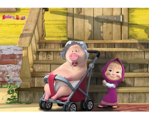 Fototapete von Mascha und dem Bären, buntes und verspieltes Design.