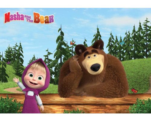 Fototapete von Mascha und der Bär in leuchtenden Farben, die die Hauptfiguren in einer verspielten Umgebung zeigt.