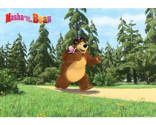 Fototapete von Mascha und dem Bären, die Mascha bei ihren Abenteuern mit dem Bären zeigt.