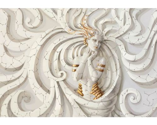 Medusa-Skulptur, gerendert auf einer künstlerischen Fototapete mit Skulptur und Abstraktion.