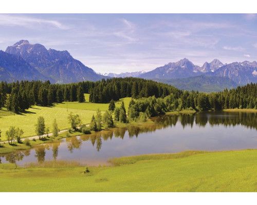 Fototapete von einem See in den Bergen mit einer Landschaft aus Wald und Bäumen.