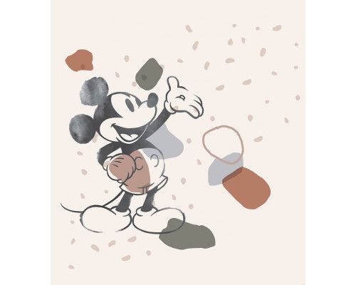 Mickey Mouse Confetti Fototapete mit einer fröhlichen Mickey Mouse, die in die Luft springt, umgeben von buntem Konfetti in einer festlichen Umgebung.