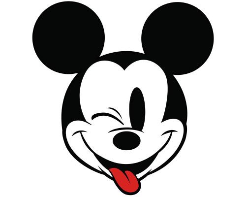 Fröhliche Fototapete von Mickey Mouse mit der kultigen roten Hose und den gelben Schuhen, umgeben von verspielten, bunten Hintergrundelementen.