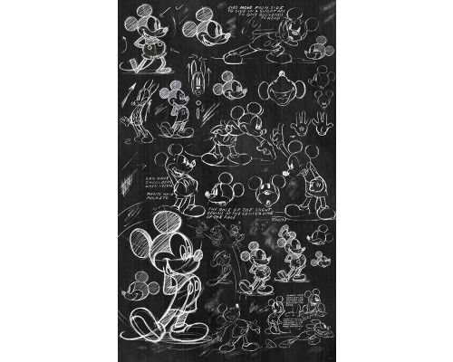 Mickey Mouse Chalkboard Fototapete zeigt eine schwarz-weiße Kreidezeichnung von Mickey Mouse, mit verspielten und kreativen Details.