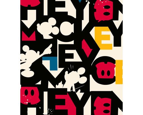 Die Mickey Mouse Mix-up Fototapete zeigt verschiedene Versionen von Mickey Mouse in einem verspielten, chaotischen Design, voller Farbe und Energie.