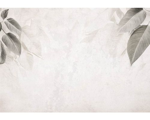 Fotobehang met een minimalistisch botanisch patroon van fijne bladeren in zachte groentinten op een lichte achtergrond.