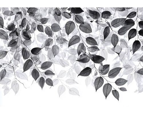 Fotobehang met tropische bladeren in groene tinten tegen een lichte achtergrond.