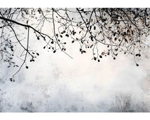 Fotobehang met minimalistische takken in fijne lijnen en zachte natuurlijke tinten op een grijze achtergrond.