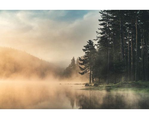 Fototapete mit Nebel über einem See, umgeben von Bergen und Wäldern, mit einer ruhigen und friedlichen Atmosphäre.