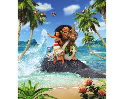 Die Fototapete Moana Beach zeigt Vaiana und Maui an einem tropischen Strand, mit Wellen, die ans Ufer schlagen, und der tief stehenden Sonne.