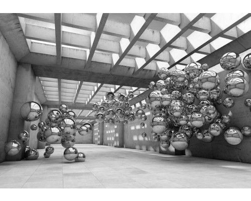 Moderner Raum in Schwarz und Weiß, abstrakt wiedergegeben auf einer Fototapete mit geometrischen Formen.