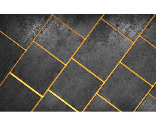 Moderne Fototapete Fliesen in schwarz mit goldenen Fugen, sauberen grauen Hintergrund.