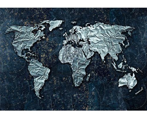 Moderne silberne Weltkarte, Fototapete mit schlichtem Design.