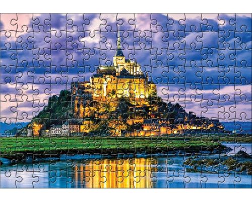 Mont Saint Michel Puzzle Fototapete mit einer abstrakten und künstlerischen Darstellung eines französischen Denkmals.