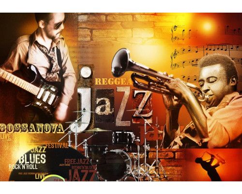 Eine Fototapete mit Musikinstrumenten im Retro-Jazz-Stil mit abstrakten Akzenten.