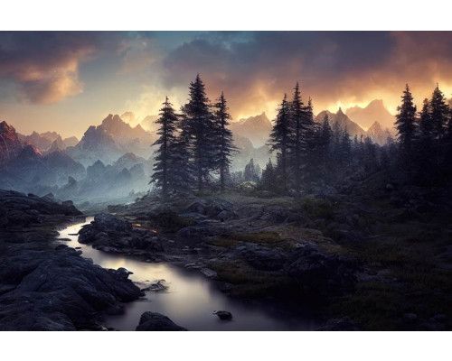 Mysteriöse Fototapete einer Landschaft mit einem Fluss, der sich durch Berge und Wälder schlängelt.