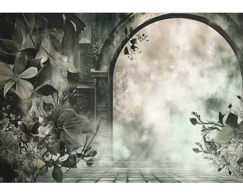 Fotobehang met een mysterieuze ruïne omringd door bloemen en overwoekerde natuur in zachte tinten.