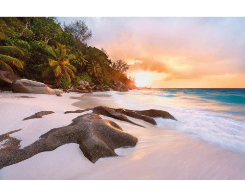 Fototapete von einem weißen Strand mit kristallklarem Wasser und strahlendem Sonnenschein, ideal für einen Sommerlook.