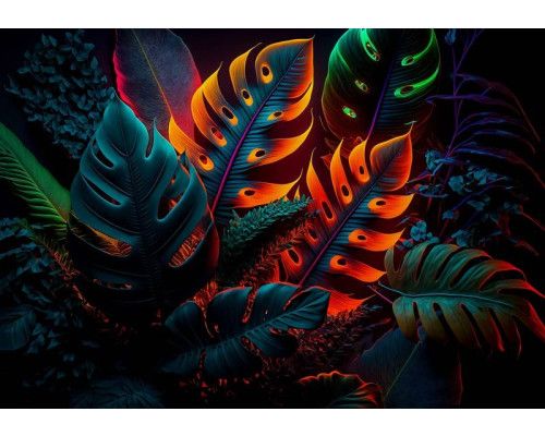 Neonfarbene tropische Blätter und Monstera-Pflanzen bilden die Grundlage für diese Fototapete. Helle Farben schaffen einen modernen und exotischen Look eines tropischen Regenwaldes.