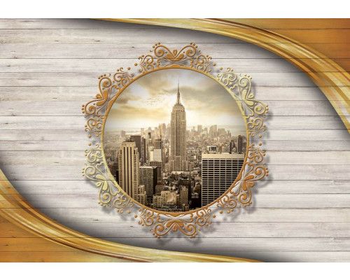 New Yorker Fototapete mit einer Vintage-Perspektive von Holzplanken und ikonischen Gebäuden.
