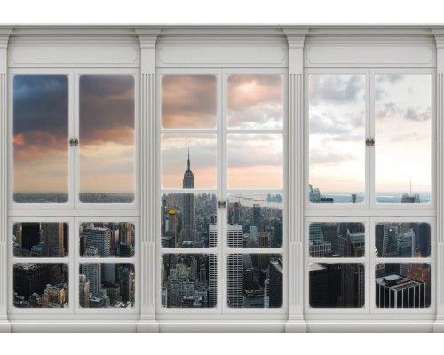 3D-Fototapete mit Blick auf die Stadt New York durch ein Fenster, einschließlich Skyline.