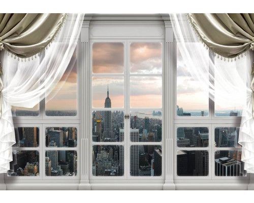 3D-Fototapete mit einem Blick auf die Stadt New York durch ein Fenster, mit Wolkenkratzern.