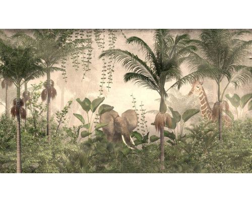 Elefanten und Giraffen, die durch den Dschungel spazieren, abgebildet auf einem farbenfrohen Natur-Fotohintergrund.