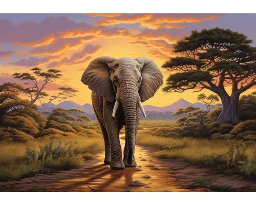Fototapete eines Elefanten in der Savanne, in einer tropischen Landschaft mit warmen Farben und Naturwiedergabe.