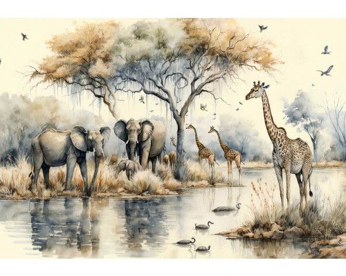 Fototapete mit Elefanten und Giraffen in der afrikanischen Savanne, perfekt für ein verspieltes und abenteuerliches Kinderzimmer.