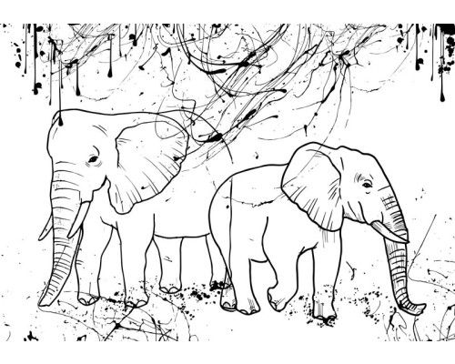 Elefanten im Farbteller-Stil auf einer Fototapete mit skizzenhaften Linien, die speziell für Kinder entworfen wurde.