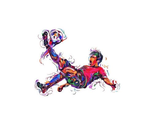 Fototapete eines Fußballspielers, der den Ball in vollem Lauf in Richtung Tor dreht, aufgenommen auf dem Höhepunkt der Bewegung.