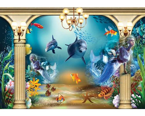 Meerjungfrau, Delfine und Fische in einer farbenfrohen Unterwasserwelt, die speziell für Kinderzimmer in dieser Fototapete entworfen wurde.