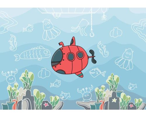 Fototapete mit einem U-Boot und Fischen in der Unterwasserwelt, speziell für Kinderzimmer.