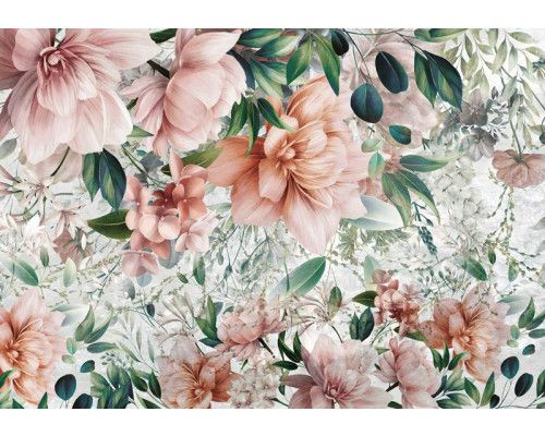 Fototapete mit altrosa Blumen und Blättern in einem weichen und eleganten Stil.
