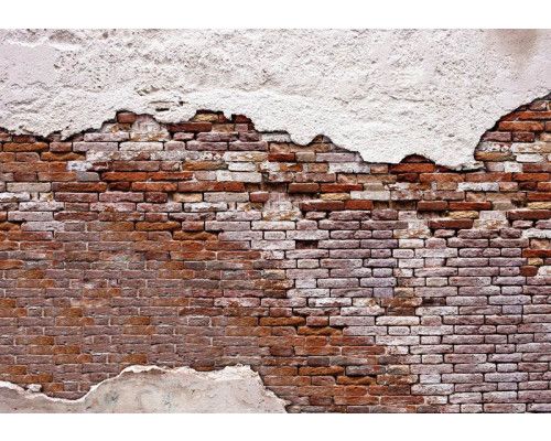 Die Fototapete zeigt eine alte Ziegelwand mit Zement darüber und darunter.