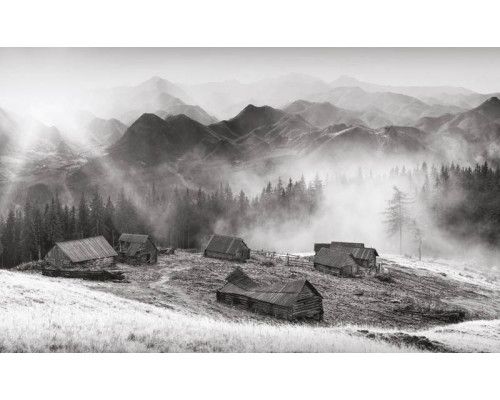 Fototapete eines alten Bauernhauses in den Bergen, umgeben von dichten Wäldern und Natur.