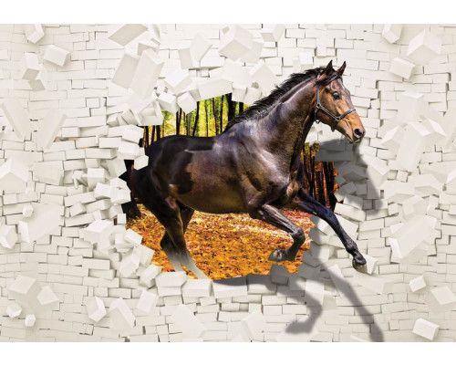 Fototapete mit einer 3D-Illusion eines Pferdes, das durch eine kaputte Wand springt, speziell für Kinderzimmer.