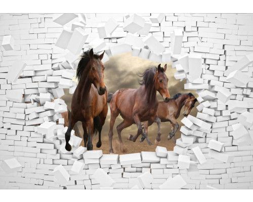 Pferde brechen durch eine Backsteinmauer, im 3D-Stil auf Fototapete.