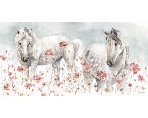 Pferde und Blumen, gemalt in einem eleganten Stil, dargestellt auf einer Kunst-Fototapete.