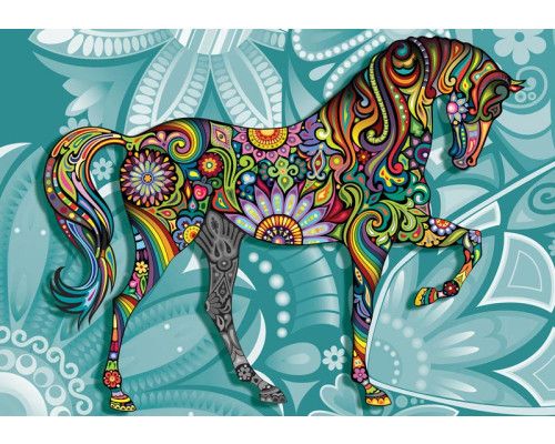 Fototapete von Pferden mit Kunstwerken von Blumen, lebendig und künstlerisch.