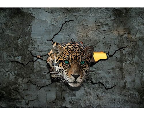 Leopard hinter einer Betonwand, 3D-Effekt für ein auffälliges und tiefgründiges visuelles Element.
