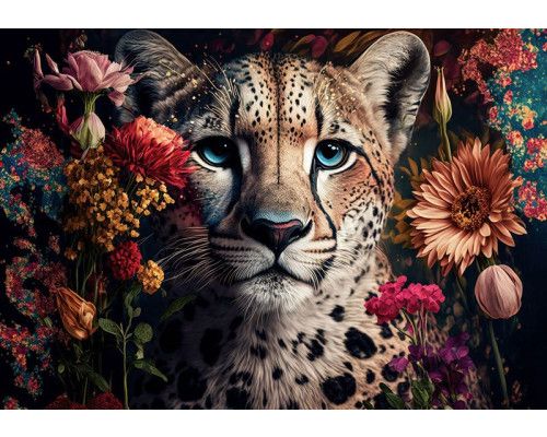 Fototapete mit einem Panther, der zwischen wunderschönen Blumen liegt. Die detaillierte Darstellung des Panthers in einer exotischen Umgebung macht diese Fototapete zu einem beeindruckenden Wandschmuck.